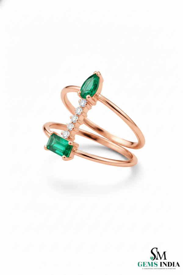 Pear & Emerald Cut Emerald Open Ring with Diamond Bar