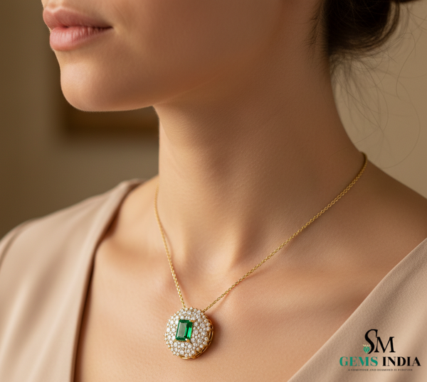 Emerald Cut Green Emerald & Diamond Halo Pendant Necklace