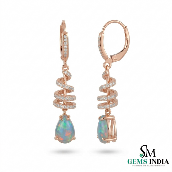 Pear Opal Drop Earrings with Diamond Spiral Design