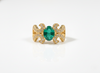Oval Emerald And Diamond Engagement Ring in 18k Solid Gold Vintage Scroll Band Engagement Ring