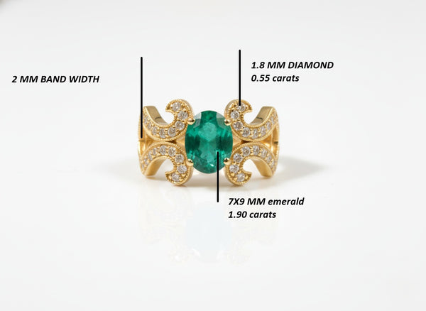 Oval Emerald And Diamond Engagement Ring in 18k Solid Gold Vintage Scroll Band Engagement Ring