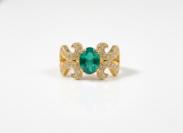 Oval Emerald And Diamond Engagement Ring in 18k Solid Gold Vintage Scroll Band Engagement Ring