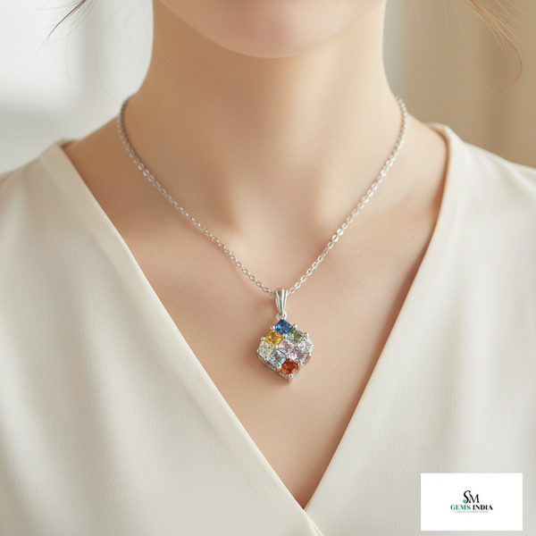 Multi Sapphire Gold Princess-Cut Multicolor Gemstone Square Pendant