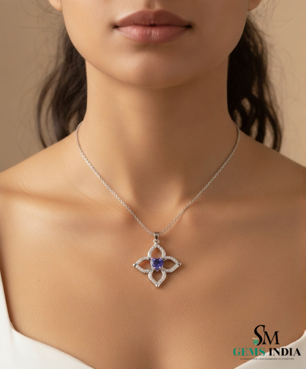 Natural Heart Cut Tanzanite Diamond Flower Pendant