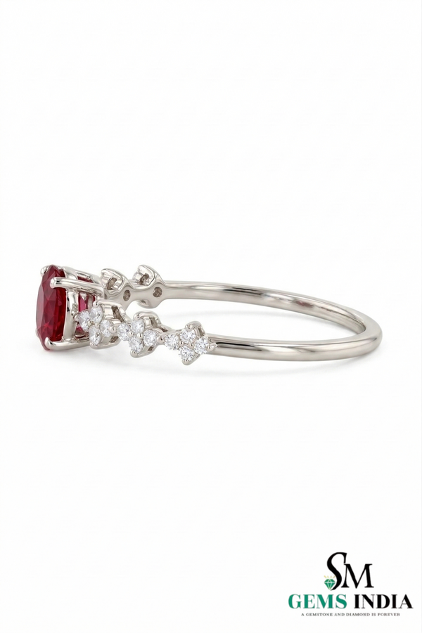 Oval Ruby Ring with Diamond Flower Accents Delicate July Birthstone Ring