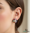 Oval shaped Rainbow Sapphire Diamond Floral Stud Earrings in14K Gold