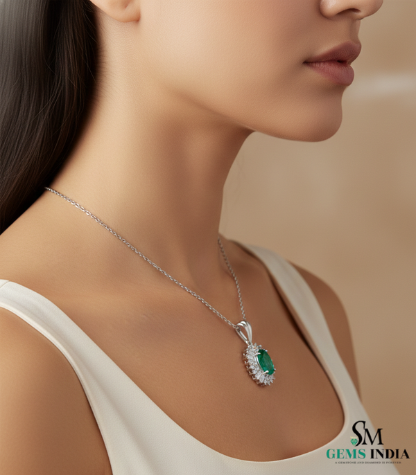 Oval Emerald & Diamond Halo Pendant - Vintage Sunburst Emerald Pendant