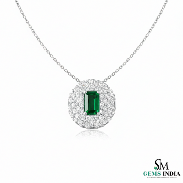 Emerald Cut Green Emerald & Diamond Halo Pendant Necklace