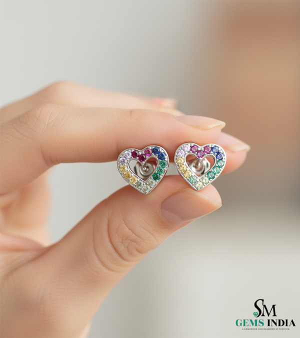Round Luxury Multi Color Sapphire Open Heart Stud Earrings - Luxury Heart Earrings