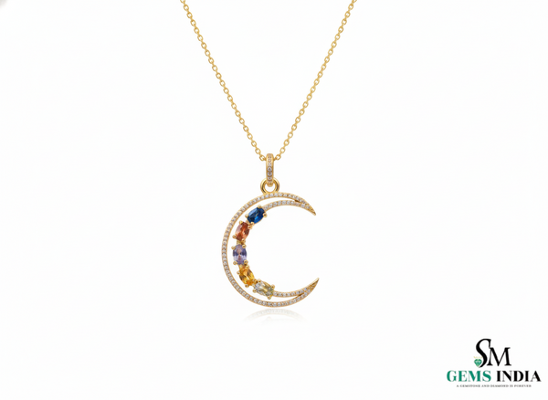 Zodiac-Inspired Oval shaped Multi-Color Gemstone Diamond Rainbow Gemstone Pendant