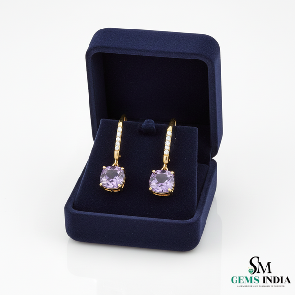 Cushion Cut Amethyst Drop Earrings with Diamond Leverback