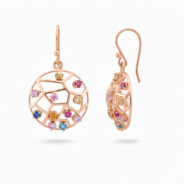 Circle Shape Multicolor Stone Drop Earrings Artistic Openwork Design