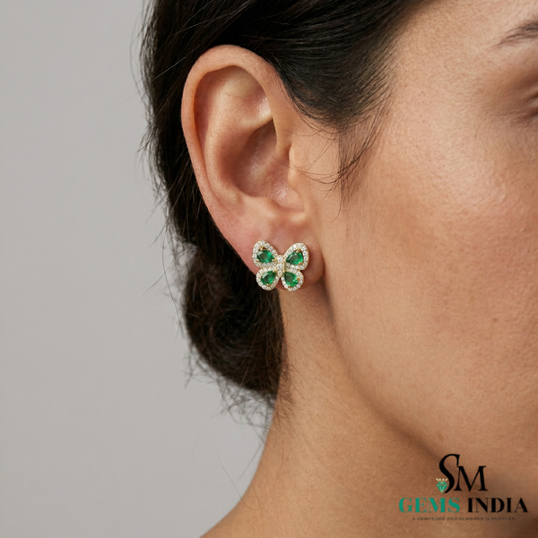 Elegant Pear Emerald & Diamond Butterfly Earrings – Fine Gold Jewelry