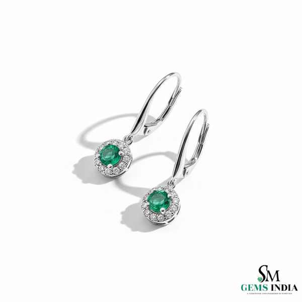 Round Emerald Halo Diamond Drop Leverback Earrings - Fine Gemstone Jewelry