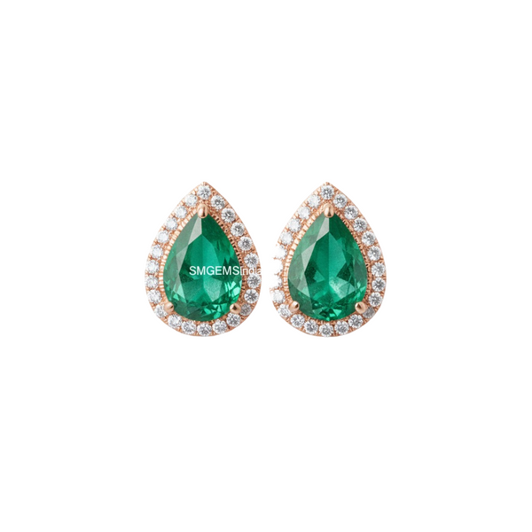 Natural Emerald Teardrop Halo Stud Earrings in 14k gold Fine Gold Jewelry
