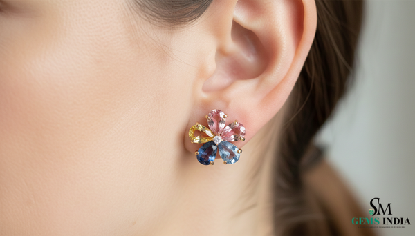 Multicolor Sapphire & Gemstone Flower Stud Earrings – Floral Diamond Accent Earrings for Women