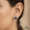 Natural Round Amethyst Gold Stud Earrings with Twisted Rope Setting