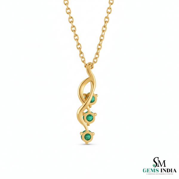 Three Stone Green Emerald Drop Twist Pendant - Halo Gemstone Pendant
