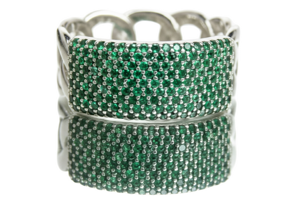 0.80 carat Round Shaped Natural Emerald Iced Out Green Stone Chain Link Ring For men's