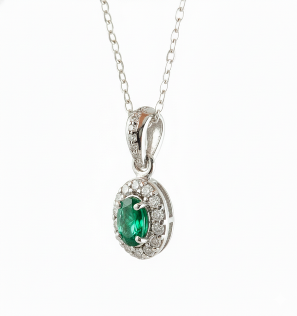 1.02 carat Oval shape Natural Green Emerald Halo Diamond Pendant Necklace in 14K Gold
