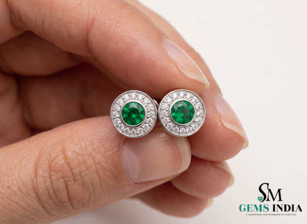 Round Natural Emerald & Diamond Halo Stud Earrings Fine White Gold Jewelry