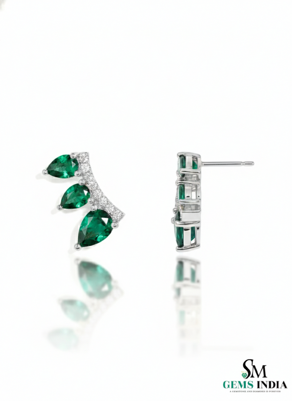 Pear Shape Emerald & Diamond Curved Bar Stud Earrings
