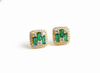 Natural Emerald Baguette & Diamond 18k Gold Stud Earrings Green Gemstone