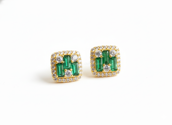Natural Emerald Baguette & Diamond 18k Gold Stud Earrings Green Gemstone