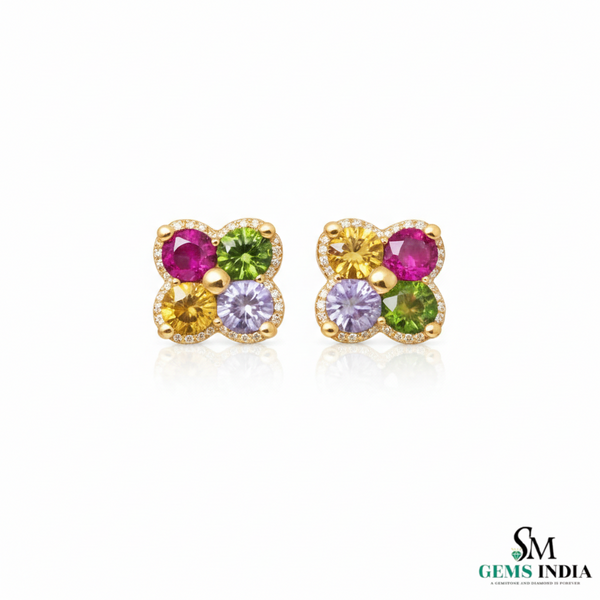 Rainbow Sapphire & Diamond Clover Stud Earrings - Fine Gemstone Jewelry