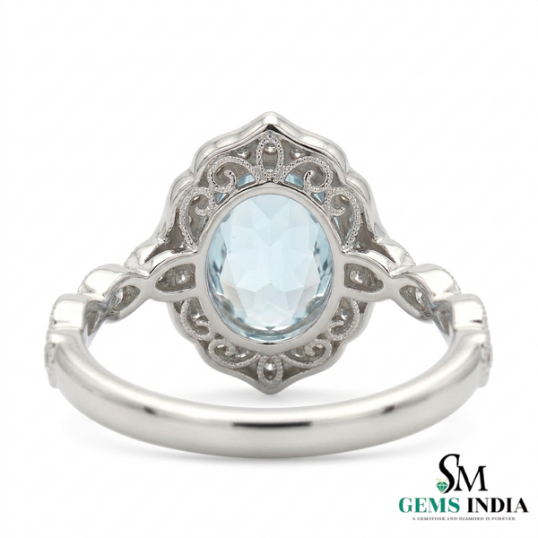 Vintage Oval Aquamarine Halo Ring with Diamond Accents Art Deco Inspired Engagement Ring