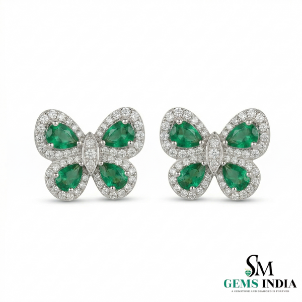 Elegant Pear Emerald & Diamond Butterfly Earrings – Fine Gold Jewelry