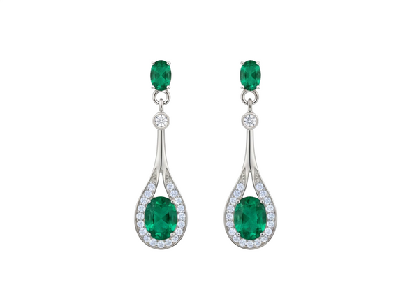 3.20 carat Oval Natural Emerald Teardrop Earrings in 14k Gold Diamond Accent Drop Style