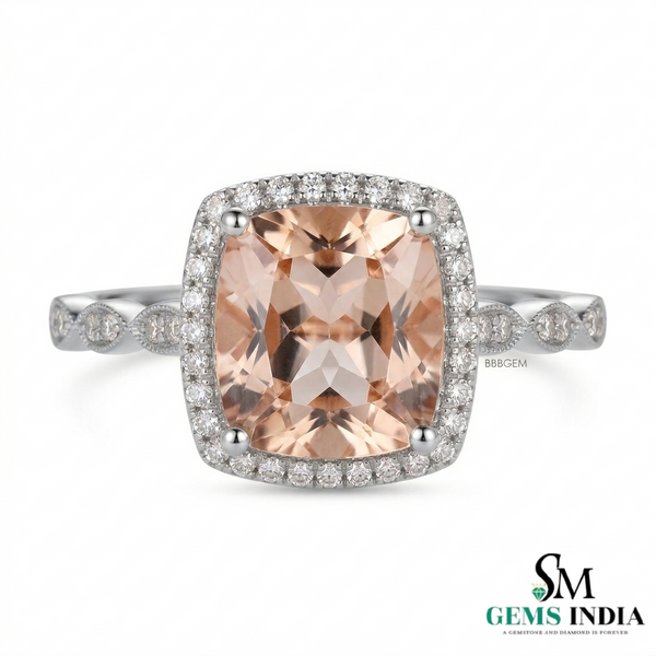 Cushion Cut Peach Statement Morganite Halo Ring with Brilliant Diamond Border