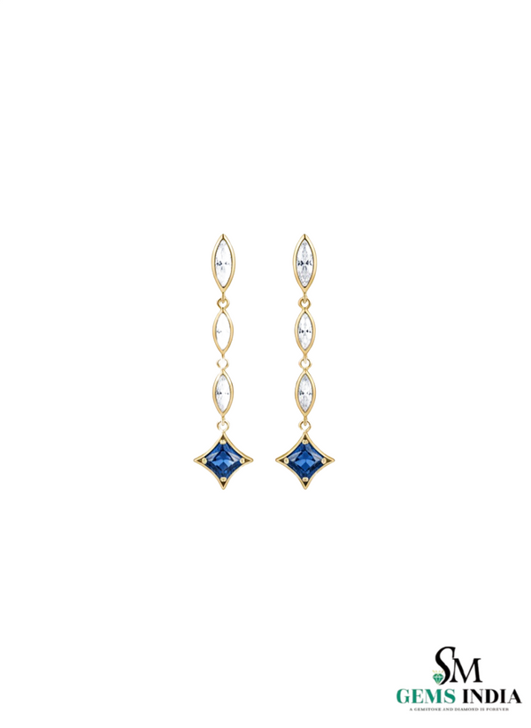 Square cut Natural Blue Tanzanite &; Diamond Long Drop Earrings in 14k and 18k Gold