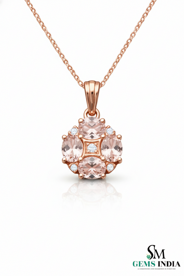 Oval cut Pink Morganite &; Diamond Gold Cluster Pendant for Women