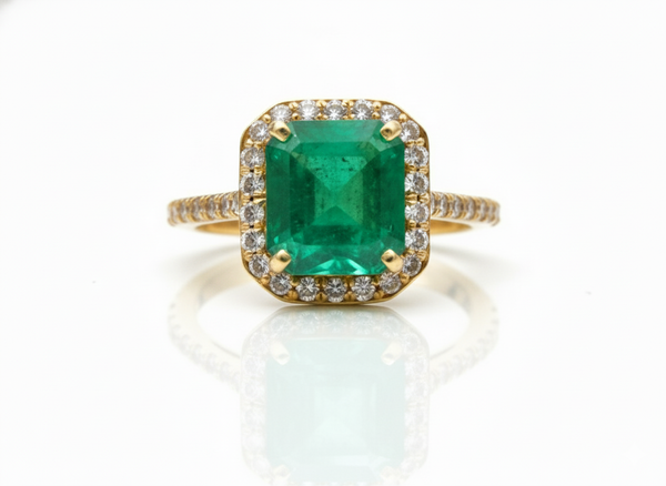 Emerald Cut Natural Emerald & Diamond Halo Promise Ring in 14K Gold 4.20 Carats Fine Jewelry
