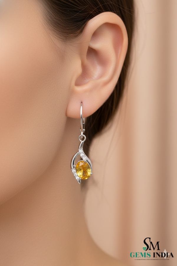 Oval Shape Natural Swirl Design Citrine Diamond Dangle Earring – Elegant Everyday Wear