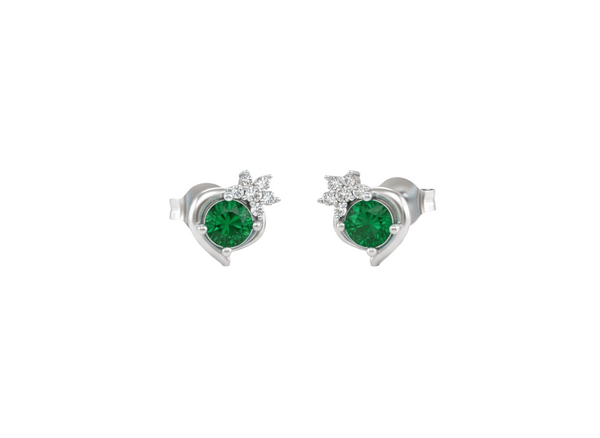 Classic Round Natural Emerald & Diamond Floral Stud Earrings in 18K Gold