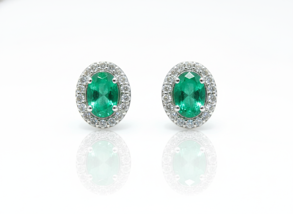 1.80 carat Natural Emerald Oval Halo Stud Earring with Screw Back Closure