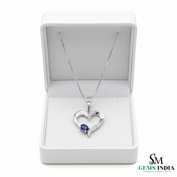 Oval shape Blue Sapphire & Diamond Heart Pendant - Fine Gold Jewelry
