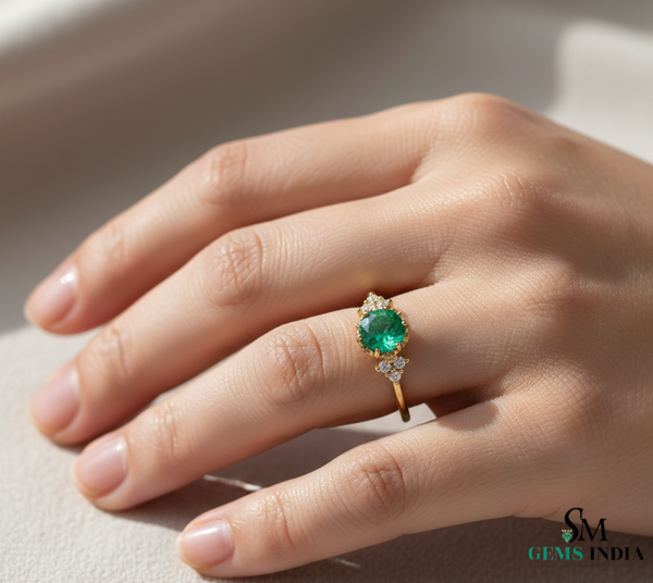 Round Natural Emerald Halo Ring with Diamond Accents – Fine Gold Jewelry
