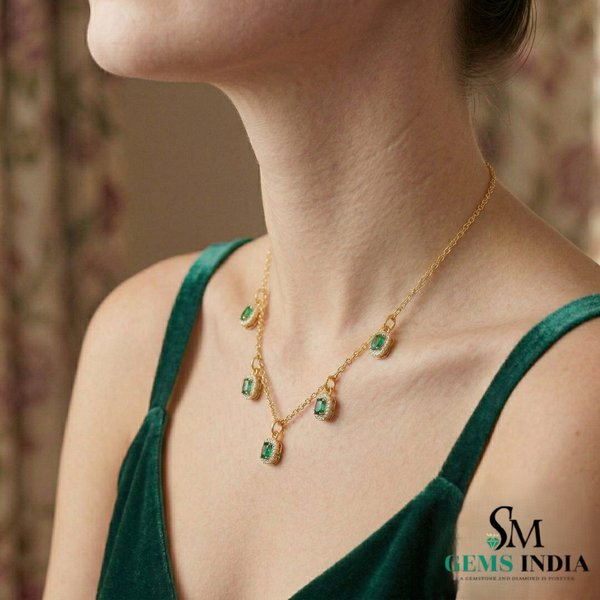 Elegant Oval Emerald Station Necklace with Diamond Halo - Gift for her