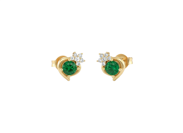 Classic Round Natural Emerald & Diamond Floral Stud Earrings in 18K Gold