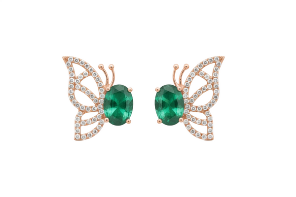 Oval Natural Emerald Butterfly Stud Earrings in Gold Sparkling Diamond Accent Wings