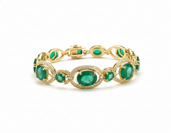 Natural Emerald oval cut Emerald and Diamond Bracelet: 18k Gold May Birthstone