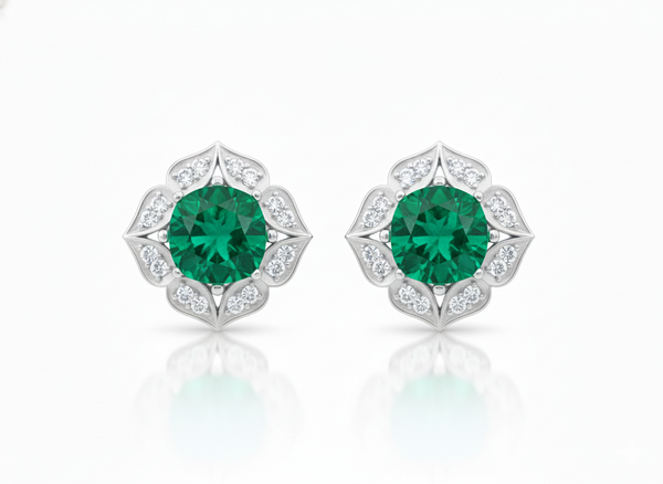 Vintage Floral cushion cutNatural Emerald & Diamond Stud Earrings in 18K Gold