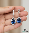 Pear Shaped Blue Sapphire and Diamond Halo Dangle Earrings - Sapphire Diamond Earrings
