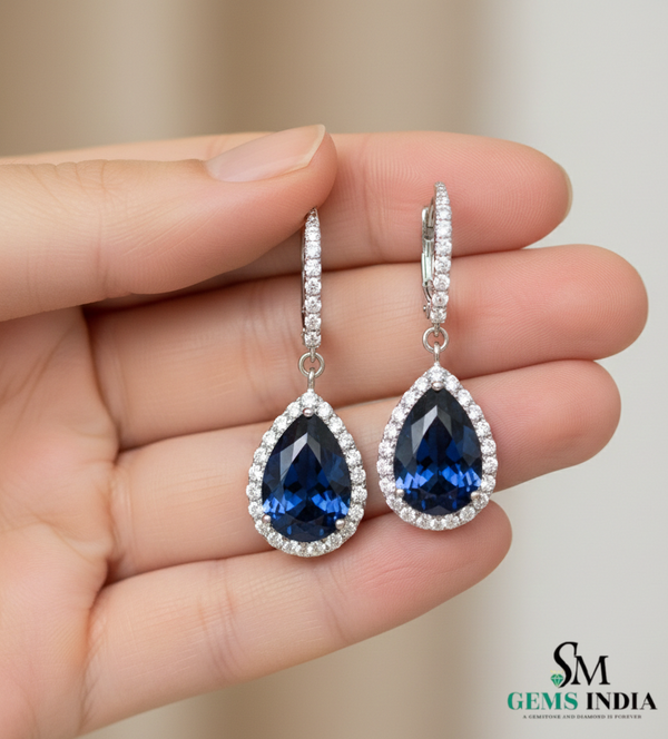 Pear Shaped Blue Sapphire and Diamond Halo Dangle Earrings - Sapphire Diamond Earrings