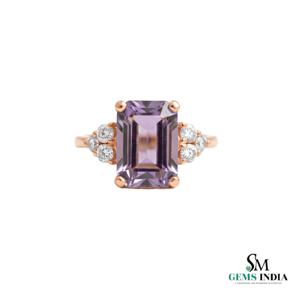 Emerald Cut Amethyst & Diamond Ring Gold Luxury Jewelry