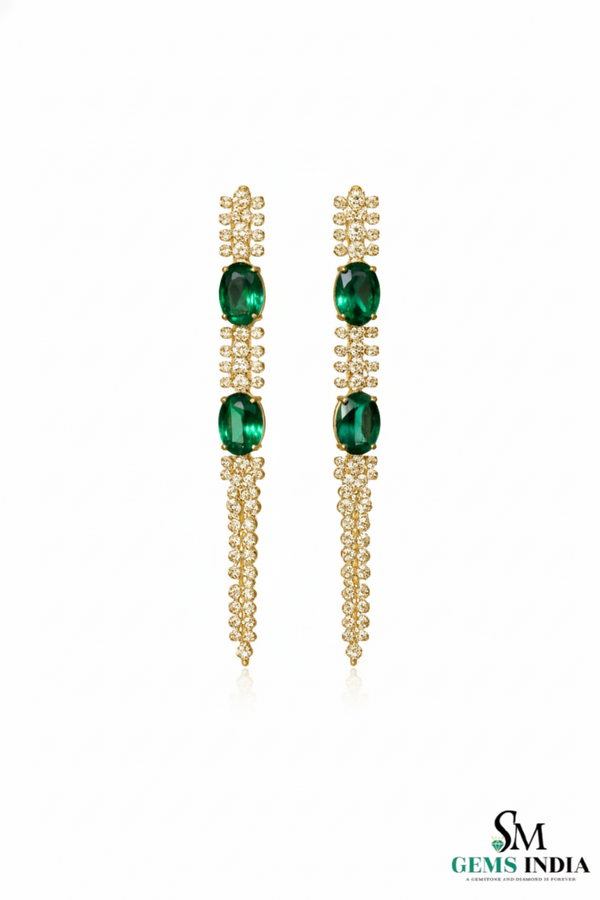Emerald Oval Drop Earrings with Diamond Chain - Fine Emerald Jewelry